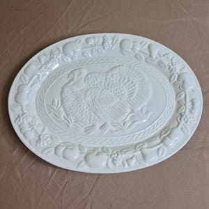 May include: An oval white ceramic serving platter featuring a central embossed turkey design surrounded by a decorative border of sculpted fruits and leaves. The platter has a glossy finish and a raised rope-like texture encircling the turkey.
