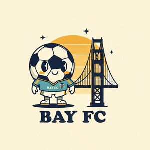 May include: A cartoon illustration featuring a soccer ball character wearing a teal jersey with "BAY FC" text. The Golden Gate Bridge and a yellow sun are in the background. The text "BAY FC" is at the bottom.