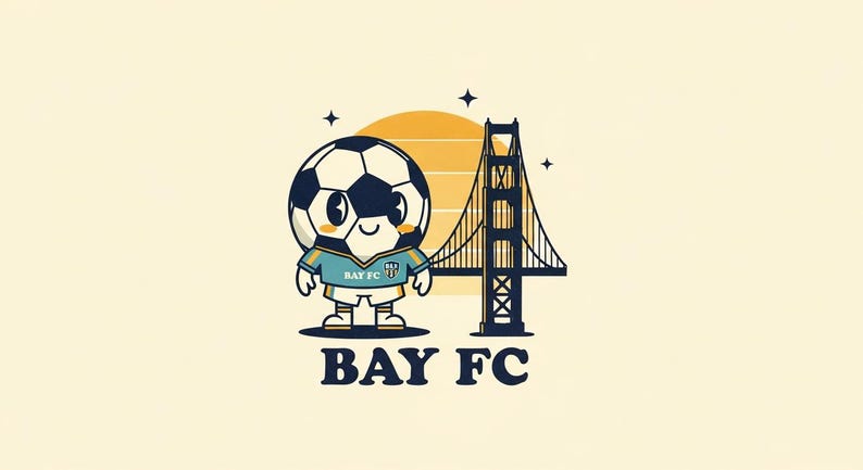 May include: A cartoon illustration featuring a soccer ball character wearing a teal jersey with "BAY FC" text. The Golden Gate Bridge and a yellow sun are in the background. The text "BAY FC" is at the bottom.