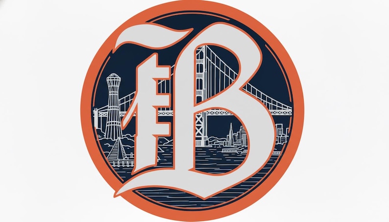 May include: Circular emblem with an orange border, navy blue background, and white lettering. The letters "FB" are stylized, with a bridge and cityscape depicted within the design. The Golden Gate Bridge is visible.