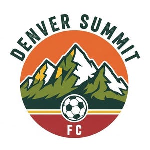 May include: Circular logo for Denver Summit FC, featuring a soccer ball at the center. The design includes a mountain range in green and white, set against an orange and yellow background. The words "DENVER SUMMIT" arc above, and "FC" is below.