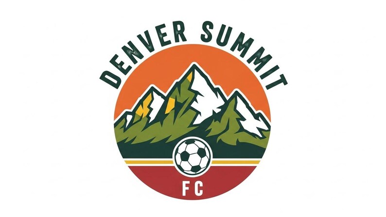 May include: Circular logo for Denver Summit FC, featuring a soccer ball at the center. The design includes a mountain range in green and white, set against an orange and yellow background. The words "DENVER SUMMIT" arc above, and "FC" is below.