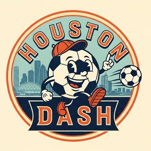 May include: Circular logo featuring a soccer ball character wearing a baseball cap, pointing upwards, and kicking a soccer ball. The text "HOUSTON DASH" is displayed around the character and at the bottom, with a cityscape in the background.