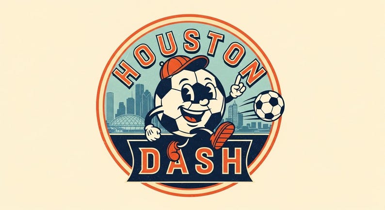 May include: Circular logo featuring a soccer ball character wearing a baseball cap, pointing upwards, and kicking a soccer ball. The text "HOUSTON DASH" is displayed around the character and at the bottom, with a cityscape in the background.