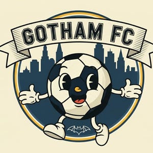 May include: A vintage-style logo for Gotham FC, featuring a cartoon soccer ball with arms and legs, set against a cityscape silhouette. The text "GOTHAM FC" is displayed on a banner above the ball, with a bat symbol below.