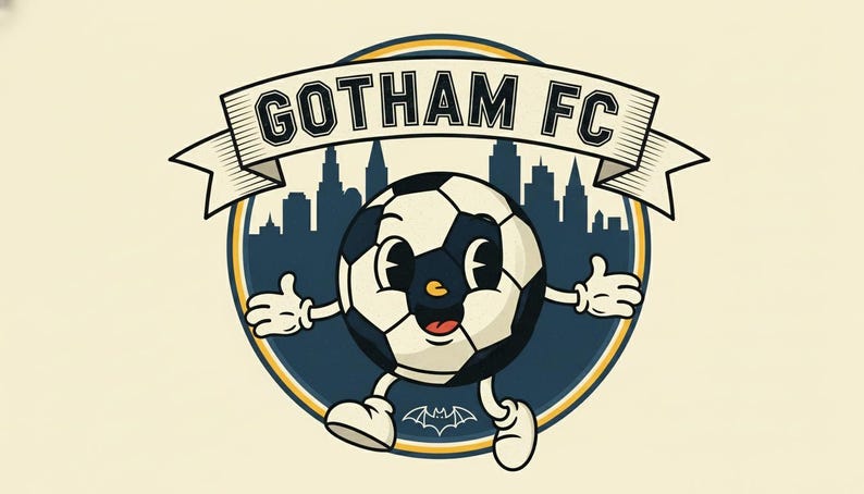 May include: A vintage-style logo for Gotham FC, featuring a cartoon soccer ball with arms and legs, set against a cityscape silhouette. The text "GOTHAM FC" is displayed on a banner above the ball, with a bat symbol below.