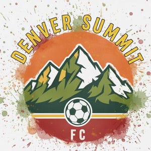 May include: A circular logo for Denver Summit FC, a soccer club. The design features a mountain range in green and white, a soccer ball, and the text "DENVER SUMMIT" in yellow. The background is orange and red with paint splatters.