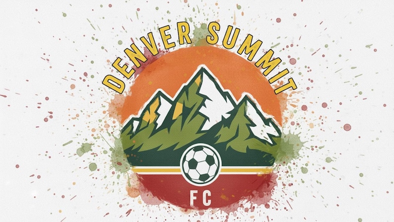 May include: A circular logo for Denver Summit FC, a soccer club. The design features a mountain range in green and white, a soccer ball, and the text "DENVER SUMMIT" in yellow. The background is orange and red with paint splatters.