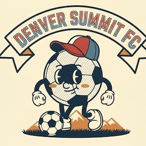 May include: A cartoon soccer ball character wearing a baseball cap, with the text "DENVER SUMMIT FC" above. The soccer ball is standing on a small soccer ball and in front of a mountain range.