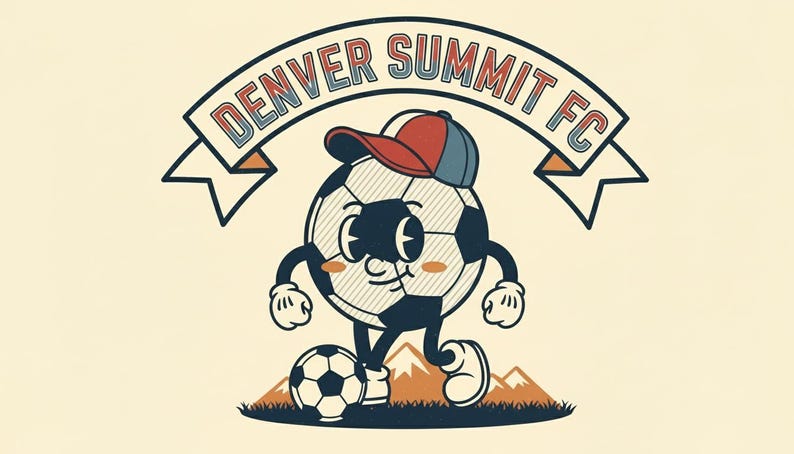 May include: A cartoon soccer ball character wearing a baseball cap, with the text "DENVER SUMMIT FC" above. The soccer ball is standing on a small soccer ball and in front of a mountain range.