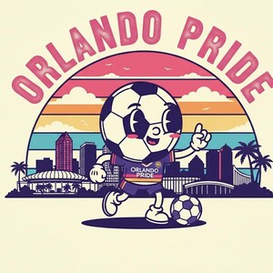 May include: Illustration of a soccer ball character wearing an "Orlando Pride" jersey, kicking a soccer ball. The design includes a cityscape, a rainbow arch, and the words "Orlando Pride".