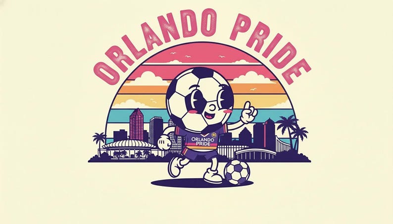 May include: Illustration of a soccer ball character wearing an "Orlando Pride" jersey, kicking a soccer ball. The design includes a cityscape, a rainbow arch, and the words "Orlando Pride".