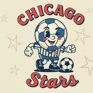 May include: Illustration of a soccer ball character in a blue and white uniform, winking and smiling. The text "Chicago Stars" is above and below the character in red. Stars are scattered on the cream background.