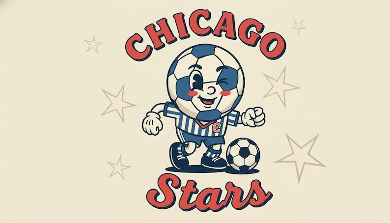 May include: Illustration of a soccer ball character in a blue and white uniform, winking and smiling. The text "Chicago Stars" is above and below the character in red. Stars are scattered on the cream background.