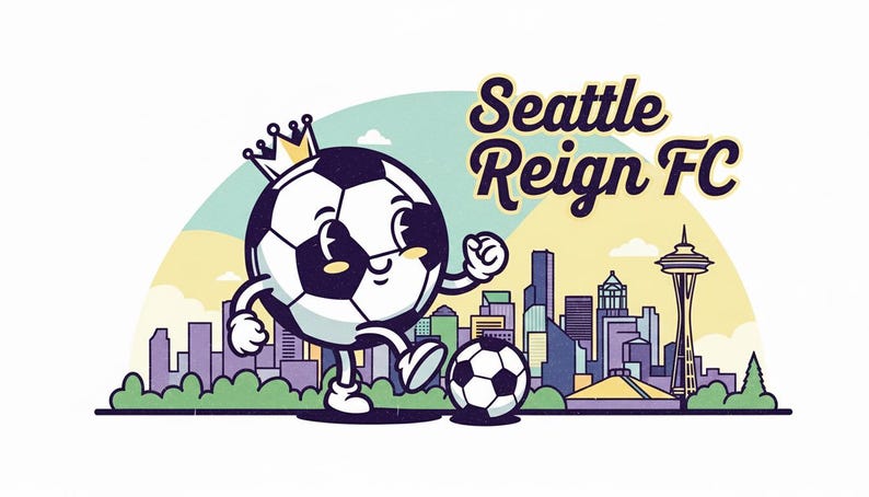 May include: A cartoon illustration featuring a soccer ball character wearing a crown, kicking a smaller ball. The Seattle skyline is in the background, with the text "Seattle Reign FC" above. The color palette includes blues, greens, and yellows.