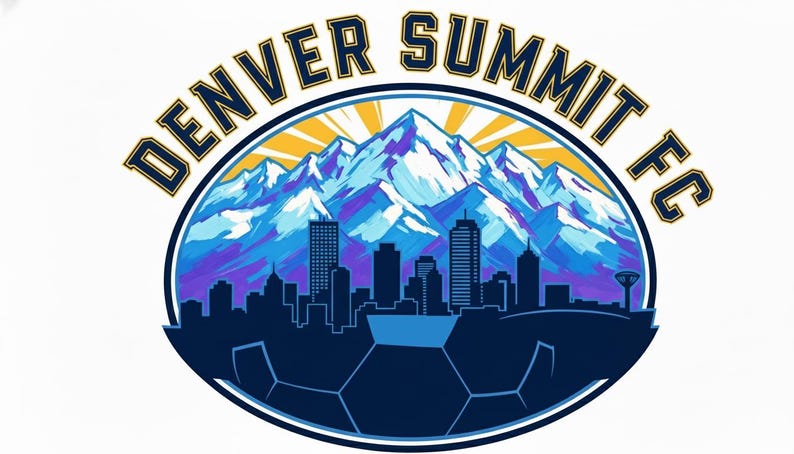 Pode incluir: Logotipo circular para Denver Summit FC, com uma cordilheira em tons de azul e roxo acima de um horizonte urbano. O texto "DENVER SUMMIT FC" est&aacute; em arco sobre a cena da montanha em dourado e azul marinho.