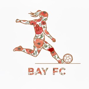 May include: A logo featuring a soccer player kicking a ball, with the figure filled with red poppy flowers. The text "BAY FC" is below the figure, also with a floral pattern. The background is white.