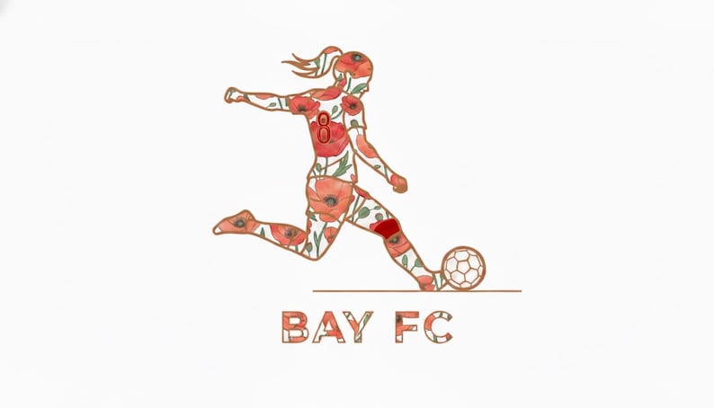 May include: A logo featuring a soccer player kicking a ball, with the figure filled with red poppy flowers. The text "BAY FC" is below the figure, also with a floral pattern. The background is white.