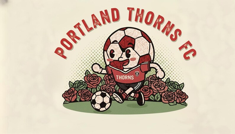 Op de afbeelding: Een cartoon illustratie van een voetbal karakter met een rood shirt met de tekst "THORNS" en een zwarte korte broek, die tegen een voetbal trapt. De woorden "PORTLAND THORNS FC" staan in een boog boven het karakter in het rood. Rozen omringen het karakter.