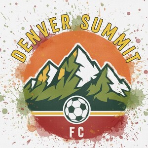 May include: A circular logo for the Denver Summit FC football team. The design features a mountain range in green and white, a football, and the text "DENVER SUMMIT" in yellow. The logo is set against an orange and red background with paint splatters.