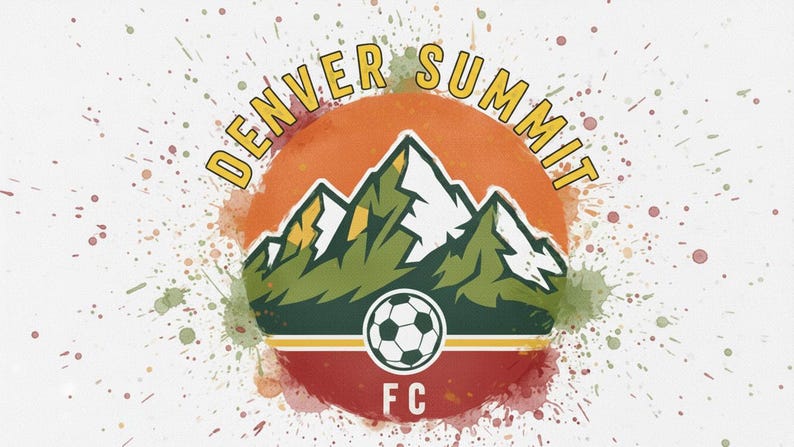 May include: A circular logo for the Denver Summit FC football team. The design features a mountain range in green and white, a football, and the text "DENVER SUMMIT" in yellow. The logo is set against an orange and red background with paint splatters.