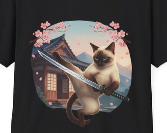Camiseta de gato siamés con espada samurái, camiseta de gato ninja, camiseta de flores de cerezo, camiseta divertida de gato, camiseta floral de gato, camiseta de gato siamés, camiseta de mamá de gato