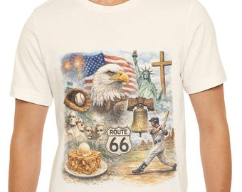 Ikonisk patriotisk amerikansk collage-T-shirt, USA Eagle, Route 66, Frihetsklockan, Frihetsgudinnan, Baseboll, Mount Rushmore, Kors, Äppelpaj, Flagga