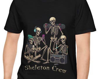 Camiseta con música gráfica de Skeleton Crew / Escalofriante equipo de skate para adolescentes, monopatín, radiocasete, esqueletos punk retro