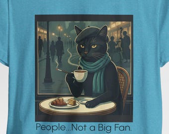 Koszulka z ilustracją Black Cat Café i sarkastycznym kotem | Ludzie... Nie jestem wielkim fanem Wyrafinowana koszulka z kotem, zabawna koszulka ze zwierzęciem, koszulka z czarnym kotem w kapeluszu
