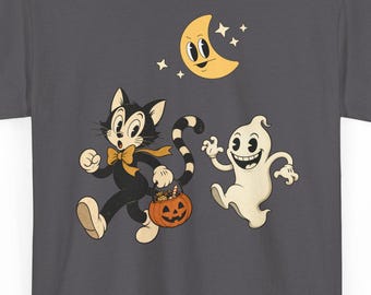 Koszulka retro z zabawnym kotem i duchem na Halloween | Koszulka w stylu vintage z motywem księżyca i cukierek albo psikus