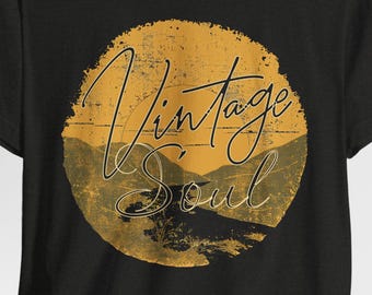 Koszulka Vintage Soul Sunset Landscape Retro Bella & Canvas Soft T-shirt | Koszulka męska Old School z napisem Nature dla kobiet, unikatowa, ręcznie zaprojektowana koszulka