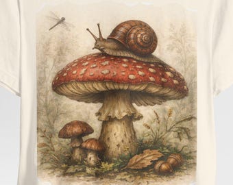 Koszulka z ilustracją grzyba ślimakowego w stylu vintage: leśna baśń, sztuka przyrodnicza