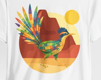 Kolorowa, abstrakcyjna koszulka z ilustracją pustyni Roadrunner | Koszulka z południowo-zachodnim ptakiem Nowy Meksyk, Arizona