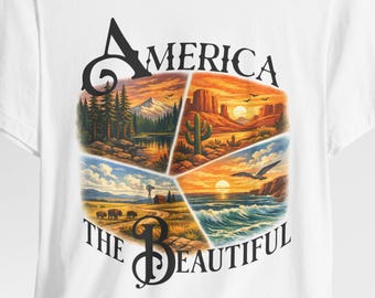 Koszulka „America the Beautiful Scenic Landscape” | Koszulka w stylu vintage z motywem natury i patriotyzmu, amerykańskie piękno na świeżym powietrzu, podróże, wakacje, kemping, kamper