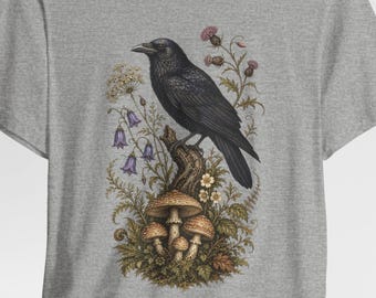Koszulka w stylu vintage z motywem wiktoriańskim w stylu BOHO, z motywem kruka i grzybów | Koszulka z botanicznym motywem grzybów, kruka i kwiatów, czarna koszulka z ptakiem i kwiatami