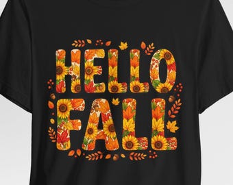 Koszulka z kwiatowymi literami „Hello Fall” | Koszulka z jesienną typografią