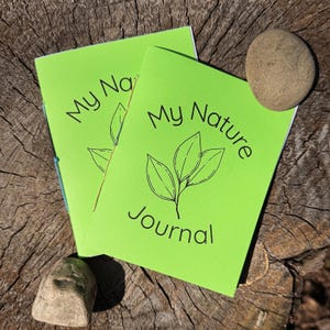 May include: Two bright green "My Nature Journal" notebooks with leaf illustrations and text. The notebooks are lying on a weathered wooden surface, with two small stones nearby. The journals are bound with a teal thread.