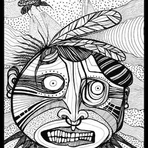 May include: Black and white line drawing of a face with exaggerated features, including large eyes, a wide mouth, and a prominent nose. The face is surrounded by a swirling pattern of lines and dots.