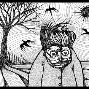 May include: Black and white line drawing of a person with a large head and exaggerated features, standing in a field with a bare tree and a sun in the background.