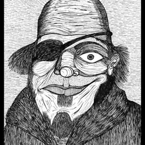 Scallywag - Pen and Ink, black and white, drawing, pirate, thief, water, maritime, eyepatch, ocean, ship