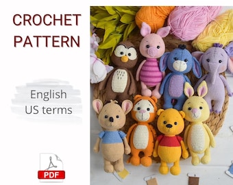 May include: A selection of crocheted soft toys, including an owl, pig, donkey, elephant, rabbit, and bear. The toys are in various colours, such as brown, pink, blue, and yellow. The image also includes the text "CROCHET PATTERN" and "English US terms".
