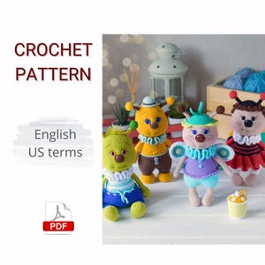 May include: A crochet pattern for four colorful, whimsical bee-like dolls. Each doll has a unique color scheme, including yellow, green, purple, and red, with decorative collars and antennae. The image also includes the text "CROCHET PATTERN".