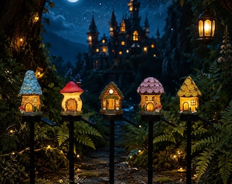 Luzes solares em forma de casinha de fadas em formato de cogumelo – Estátuas solares de LED para decoração de caminhos mágicos em jardins externos, perfeitas para o verão.