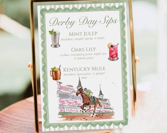 Kentucky Derby Party Cocktailmeny | Akvarell barskylt | Festdekorationer för visning av hästkapplöpning