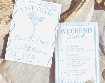 May include: Two light blue and white invitation cards with the text "Last Toast On The Coast" and "Weekend Details". The cards feature seashell and cocktail illustrations, perfect for a bachelorette weekend in Charleston, SC.