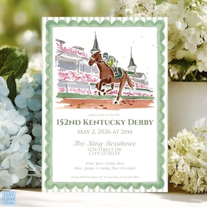 May include: A Kentucky Derby invitation with a watercolour illustration of a horse race. The invitation has a green scalloped border and includes event details: date, time, location, and RSVP information.