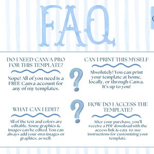 May include: A light blue watercolor design with the word "FAQ" in large letters. The image contains questions and answers about a template, including whether a Canva Pro account is needed and how to access the template.