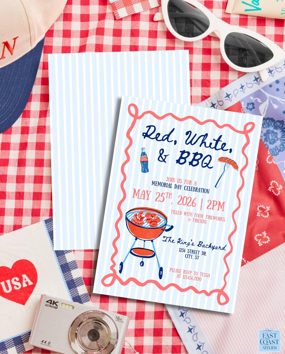 Memorial Day Party Invitation | Red, White, and BBQ | Patriotic 4th of ...