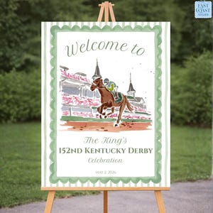 May include: A welcome sign on an easel with the text "Welcome to The King's 152ND KENTUCKY DERBY Celebration MAY 2, 2026." The sign features a watercolor illustration of a horse race with a jockey in green and brown.