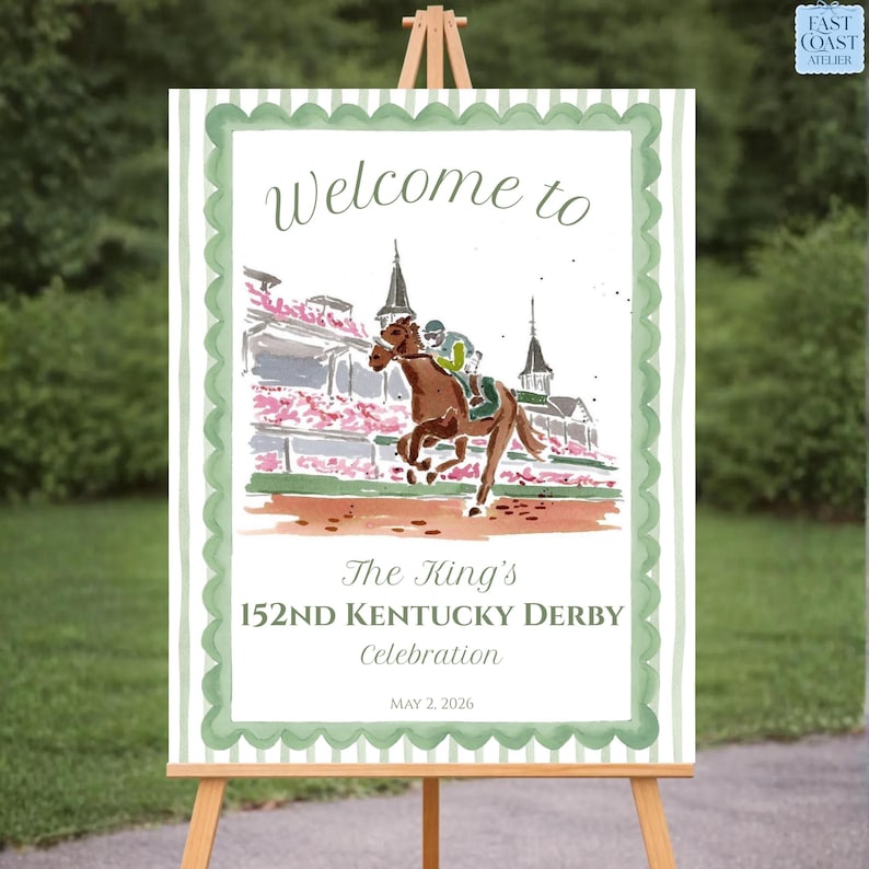 May include: A welcome sign on an easel with the text "Welcome to The King's 152ND KENTUCKY DERBY Celebration MAY 2, 2026." The sign features a watercolor illustration of a horse race with a jockey in green and brown.